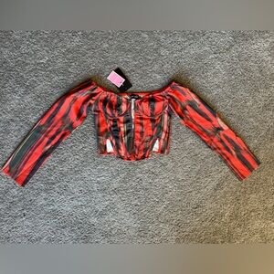 PrettyLittleThings Orange Abstract Print Bardot Corset